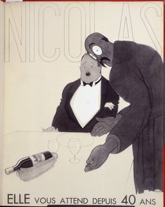 Ti ha aspettato per 40 anni Il cameriere di un ristorante si rivolge a un cliente indicando una bottiglia di vino. - pubblicità per Nicolas, disegno di Paul Iribe da Paul Iribe