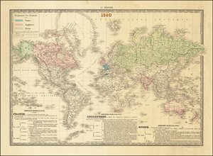 Carta del mondo francese del 1840 che raffigura i territori degli Imperi britannico, francese e russo da Paul Kaeppelin