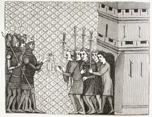 Dopo la cattura di una città nel 14° secolo, la guarnigione si arrende e si getta nella misericordia dei suoi conquistatori. Dopo una miniatura del 14° secolo nell