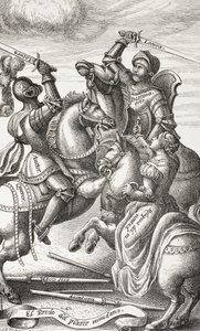 La cavalleria rappresentata da figure allegoriche. Cavalieri che combattono a cavallo. Dopo una lastra di rame del 16° secolo.