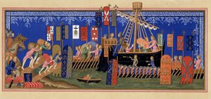 Imbarco dei Cavalieri dello Spirito Santo per la Crociata - basato su miniatura del XIV secolo, in "Vita militare e religiosa nel Medioevo e nel Rinascimento" di Paul Lacroix, Parigi