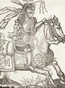 Goffredo di Buglione, 1060-1100 circa, cavaliere franco medievale. Leader della prima crociata. Qui lo si vede incoronato con gli strumenti della passione di Cristo. Dopo una xilografia del XV secolo.