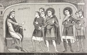 I santi Savino e Cipriano confessano al proconsole Galerio Massimo di essere cristiani. Da un affresco dell