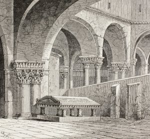 Tomba di Goffredo di Boullon, 1060-1100 circa, come esisteva nella Chiesa del Santo Sepolcro, a Gerusalemme. La tomba è ora distrutta. Da un disegno realizzato sul posto nel 1828.