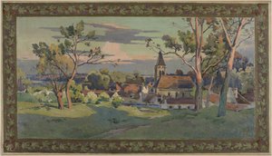 Schizzo per il Municipio di Thiais: villaggio con una chiesa da Paul Léon Felix (attr. to) Schmitt