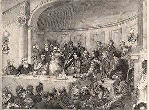 Il Congresso Anti-Schiavitù tenutosi a Parigi il 21, 22 e 23 settembre 1890 alla Società di Geografia alla presenza di Jules Simon, Emile Keller e Monsignor Lavigerie. Incisione dal disegno di Paul Merwart in “Le Monde illustre” del 1890 da Paul Merwart