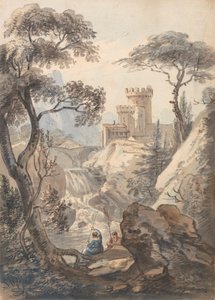 Paesaggio italianizzante con castello, cascata e pescatori da Paul Sandby