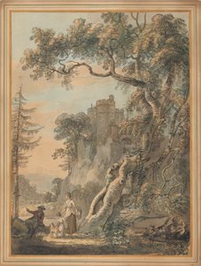 Paesaggio romantico - Contadini ai piedi di un castello su una rupe da Paul Sandby