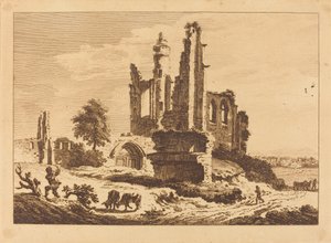 Abbazia in rovina con bestiame e un uomo che taglia legna da Paul Sandby