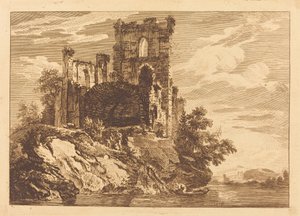 Rovine vicino a un fiume con un uomo in barca