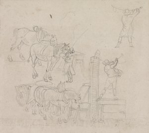 Studi di un carrettiere che pompa acqua per i suoi cavalli da Paul Sandby