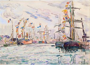 Barche a vela con bandiere festive a un molo a Saint-Malo, anni 1920 da Paul Signac