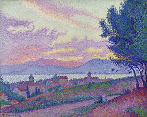 Vista di Saint-Tropez, tramonto nel bosco di pini