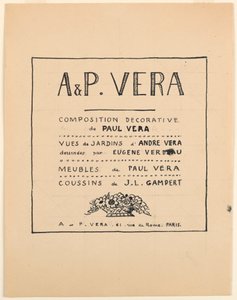 Disegno, Pagina del titolo, A & P Vera, Composizione decorativa di Paul Vera/Vedute di Giardini di André Vera disegnate da Eugène Verdeau/Mobili di Paul Vera/Cuscini di J. L. Gampert, 1912-1919 da Paul Vera
