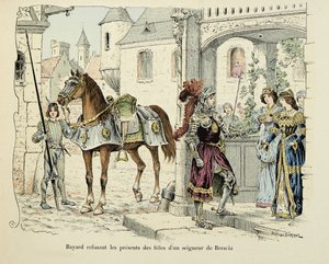 Illustrazione tratta dal libro "Histoire du chevalier Bayard" di Theodore Cahu, illustrata da Paul De Semant (1855-1915): Bayard rifiuta i doni delle figlie di un signore di Brescia 1512
