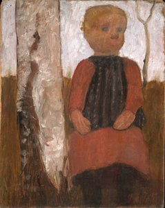 Bambino in abito rosso accanto a un tronco di betulla da Paula Modersohn-Becker