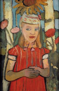 Ragazza in abito rosso davanti a un girasole, 1907 da Paula Modersohn Becker