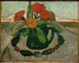 Natura morta con calendule davanti a un paesaggio da Paula Modersohn Becker