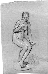 Una donna nuda seduta, che guarda in basso