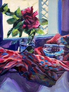 Natura morta con finestra e rose dai colori vivaci da Pauline Wegman | Key and Sea Creative