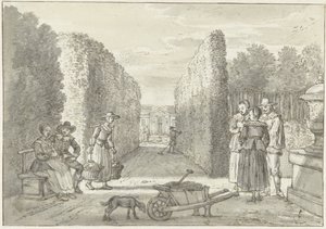 Diverse persone in un giardino con alte siepi da Paulus Constantijn la Fargue