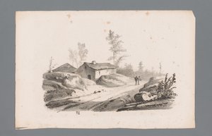 Paesaggio collinare con strada di campagna e case (serie: Principi di paesaggi) da Paulus Lauters