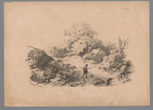 Paesaggio con uomo e cane su una strada di campagna da Paulus Lauters
