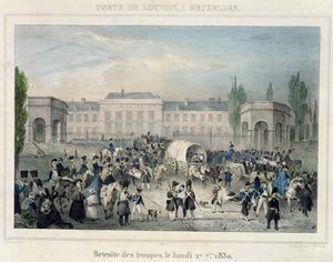 Porte de Louvain, Bruxelles: La ritirata delle truppe olandesi, 27 settembre 1830, inciso da Dewasme-Pletinckx da Paulus Lauters