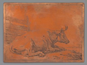 Mucca sdraiata vicino a una recinzione da Paulus Potter