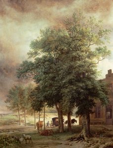 Paesaggio con carrozza o casa oltre gli alberi da Paulus Potter
