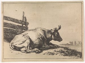 Mucca sdraiata vicino a un recinto (Il libro dei tori) da Paulus Potter