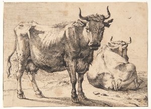 Mucca in piedi e sdraiata da Paulus Potter