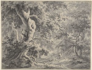 Paesaggio boschivo con due figure vicino a una capanna