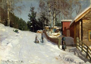 Bambini che giocano sulla strada del villaggio innevato da Peder Monsted