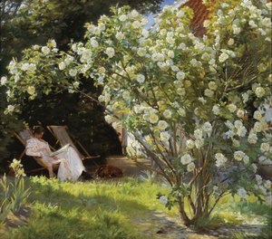 Rose. Marie Krøyer seduta sulla sedia a sdraio nel giardino della casa della signora Bendsen da Peder Severin Krøyer