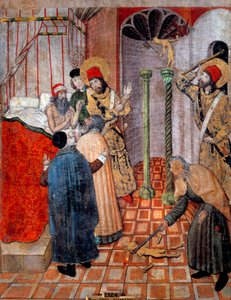 San Sebastiano e San Policarpo che distruggono idoli. Il sacerdote Policarpo e Sebastiano davanti al prefetto di Roma (Cromazio) che chiese loro di avvertirlo. Sebastiano gli disse di rinunciare prima ai suoi idoli e di dargli il permesso di romperli. Dipi da Pedro García de Benabarre