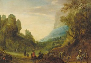 Paesaggio Alpino con Viaggiatori in una Valle