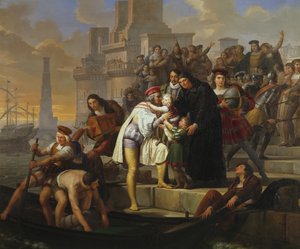 Cristoforo Colombo abbraccia i suoi due figli e li raccomanda a Padre Giovanni Perez prima di partire da Palos per il viaggio alla scoperta dell