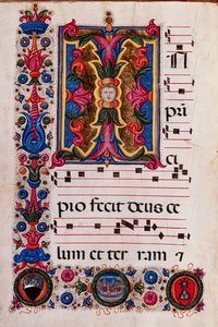 Biblioteca Piccolomini: libro del coro, cod. 5.E, ff. 4v con "Iniziale fogliata" da Pellegrino di Mariano