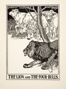 Il leone e i quattro tori, da Cento favole di Esopo, pub.1903 da Percy J. Billingshurst