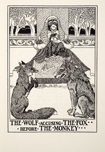 Il lupo che accusa la volpe davanti alla scimmia, dalle Favole di Fontaine, pub. 1905 da Percy J. Billingshurst