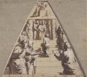 Presentazione della Vergine nel Tempio sotto, Abramo che sta per sacrificare Isacco sopra da Perino del Vaga