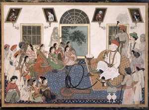 Un Europeo, probabilmente Sir David Ochterlony (1758-1825), in abiti indiani, che fuma un hookah e guarda una nautch nella sua casa a Delhi, c.1820 da Persian School