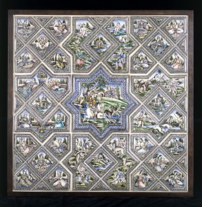 Un pannello di piastrelle di ceramica, raffigurante Bahram Gur a caccia e altre figure in varie scene (fine XIX secolo) da Persian School