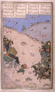 Bahram Chubina, il suo elefante ucciso, combatte a piedi, illustrazione dallo Shahnama (Libro dei Re) da Persian School