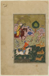 Bahram Gur caccia con Azada, da un Khamsa, c.1580