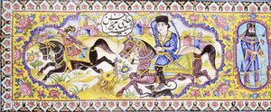 Primo cartiglio da un lungo pannello di piastrelle cuerda seca, raffigurante scene di caccia e battaglia, XIX secolo da Persian School