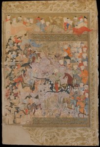 Folio da un Rawzat al-safa (Giardino della felicità) di Mirkhwand (m. 1498); recto: La battaglia contro i Bizantini per Aleppo, Shiraz, Iran, periodo Safavide, 1571-72 da Persian School
