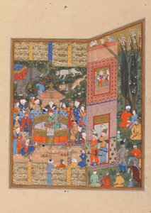 Folio da uno Shahnama (Libro dei Re) di Firdawsi (m.1020); verso: Gli inviati di Salm e Tur davanti a Faridun, Shiraz, Iran, periodo Saravid, c.1560