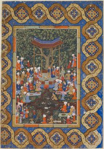 Folio da un testo non identificato; Un sovrano in un padiglione giardino circondato da cortigiani e attendenti da Persian School